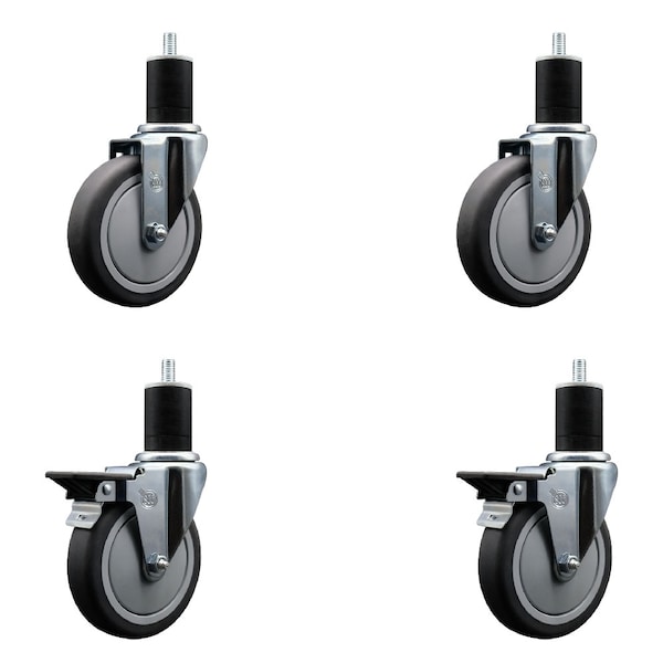 5'' Thermoplastic Rubber Wheel Swivel 1-3/4'' Expanding Stem Caster Set 2 Brakes, 4PK